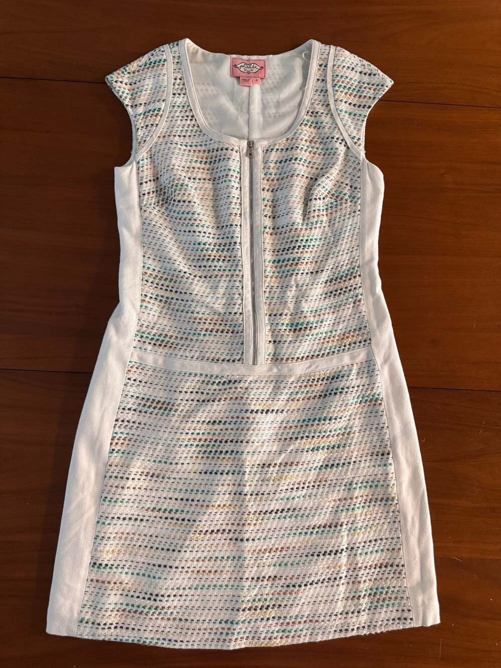 Phoebe Couture Multi-Color Textured Tweed Sheath Dress with White Side Panels, S
